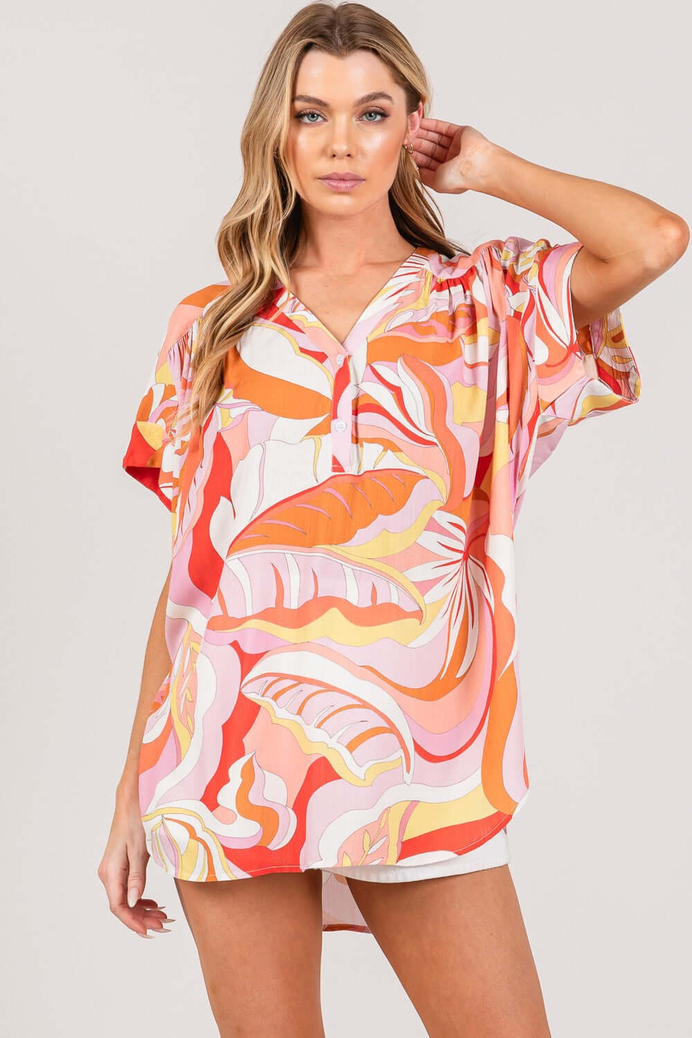 Coral Abstract Print Half Button Blouse - Stylish & Chic, Blouses, $ 45.00, A Moment Of Now™