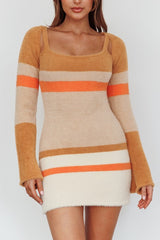 Fuzzy Knit Long Sleeved Multi Stripe Mini Sweater Dress