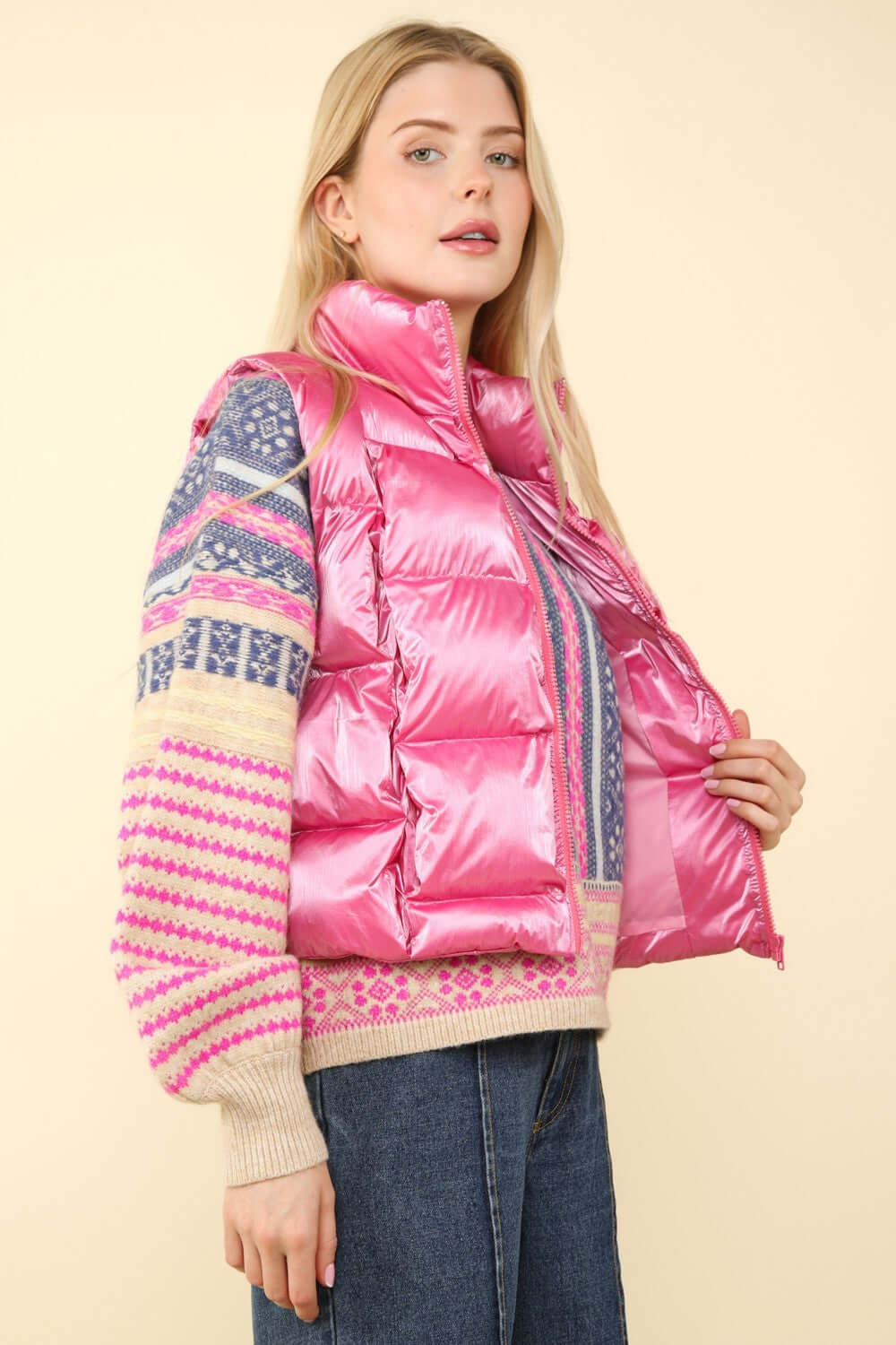Pink Shiny Metallic Zip Up Puffer Vest - Trendy Winter Style, Puffer Vests, $ 49.00, A Moment Of Now™