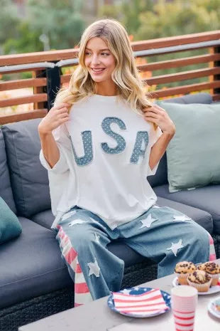 BiBi 4th Of July Usa Letter Patchwork French Terry Top, Tops, $ 60.00, A Moment Of Now™