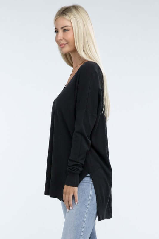 Women's Hi-Low Hem V Neck Front Seam Sweater | USA Boutique, ZENANA, $ 55.00