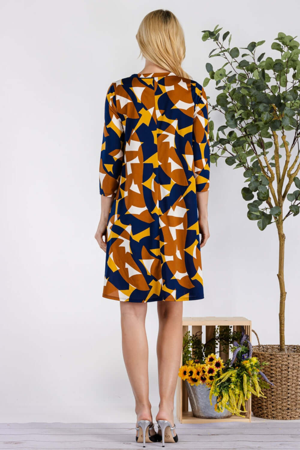 Brown Blue GeometricLong Sleeve Dress with Pockets, Celeste, $ 45.00