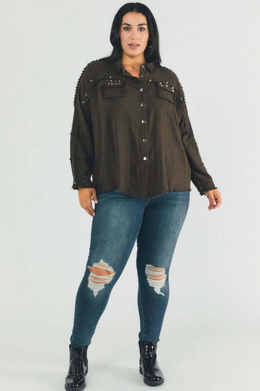 Plus Distressed hem button down oversize shirt, Davi & Dani, $ 69.00