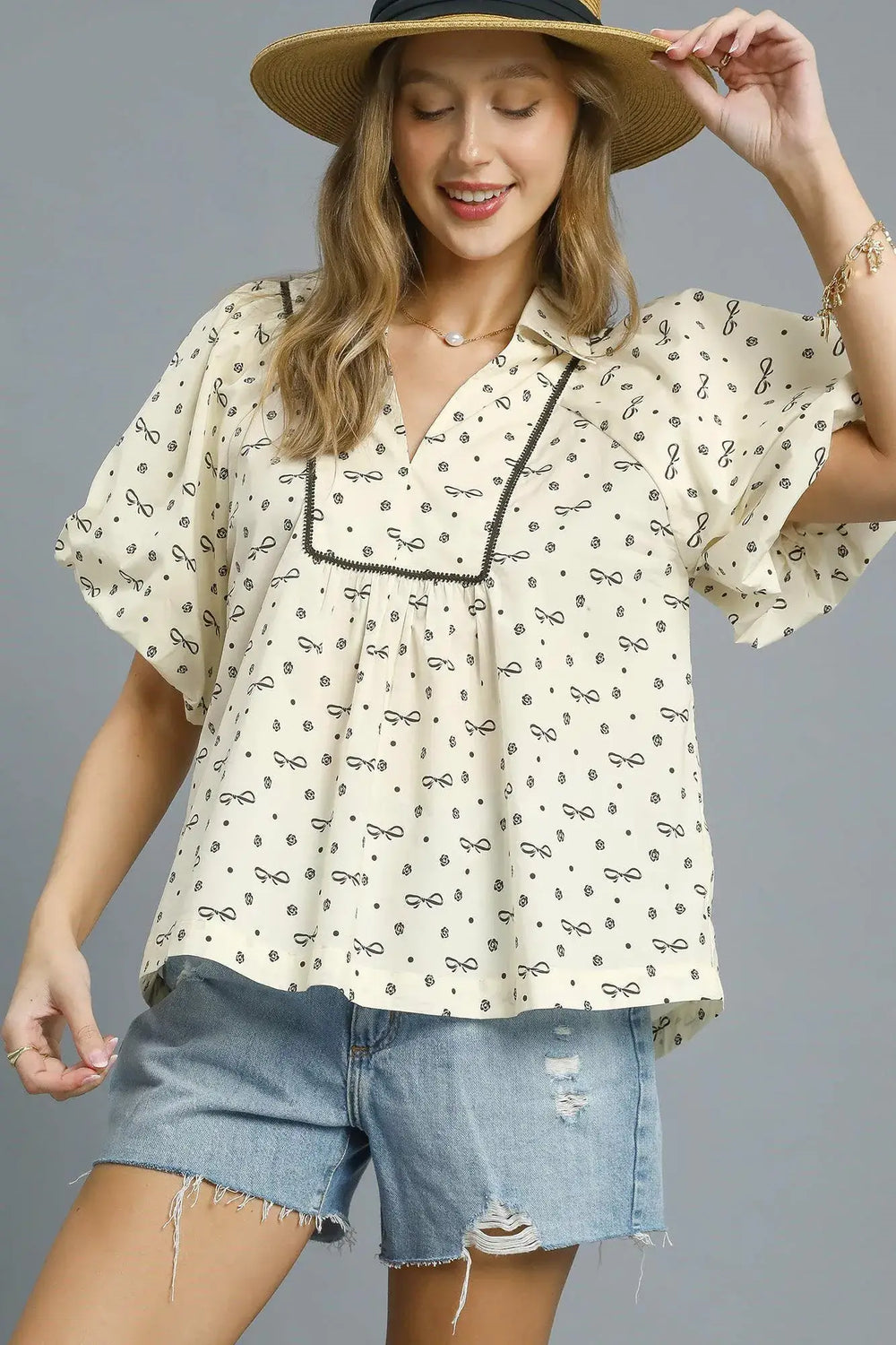 Cream Bow Print Puff Sleeve Blouse - Nautical Charm, Blouses, $ 48.00, A Moment Of Now™