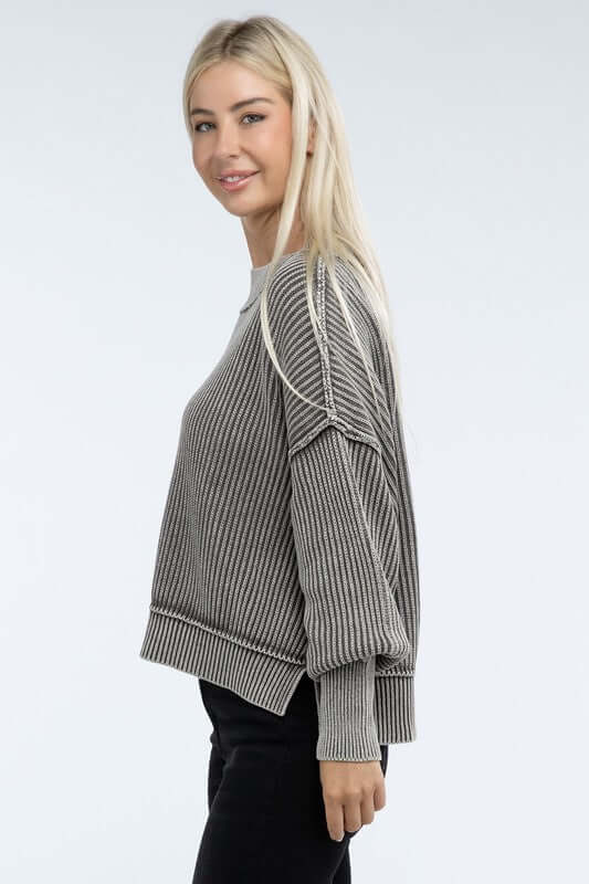 Washed Side Slit Oversized Cropped Sweater, ZENANA, $ 55.00