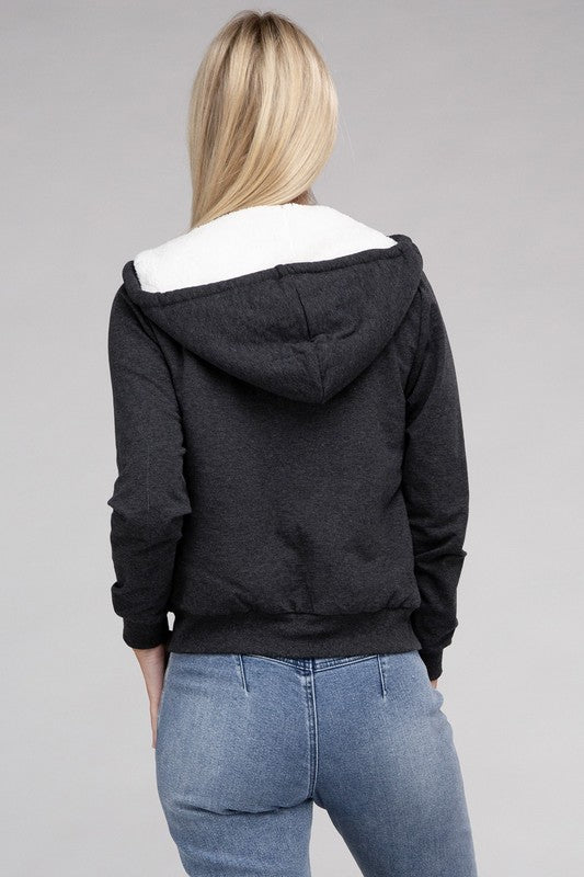 Fuzzy Trim Zip-Up Crop Hoodie Jacket