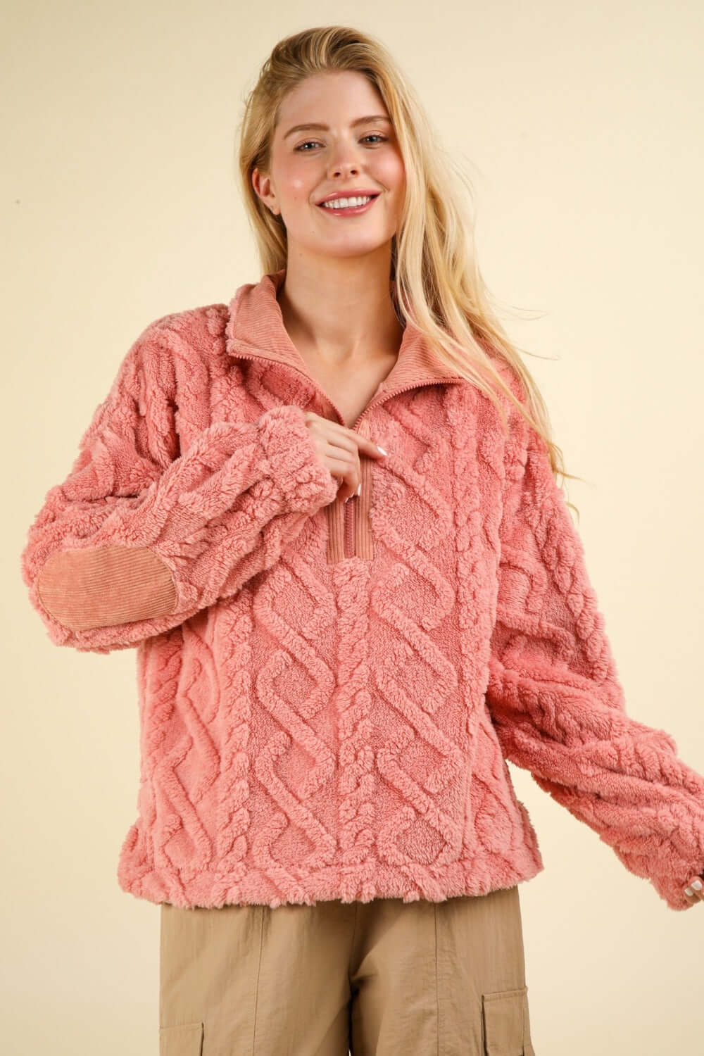 Blush Fuzzy Fleece Half Zip Cable Pattern Sweatshirt