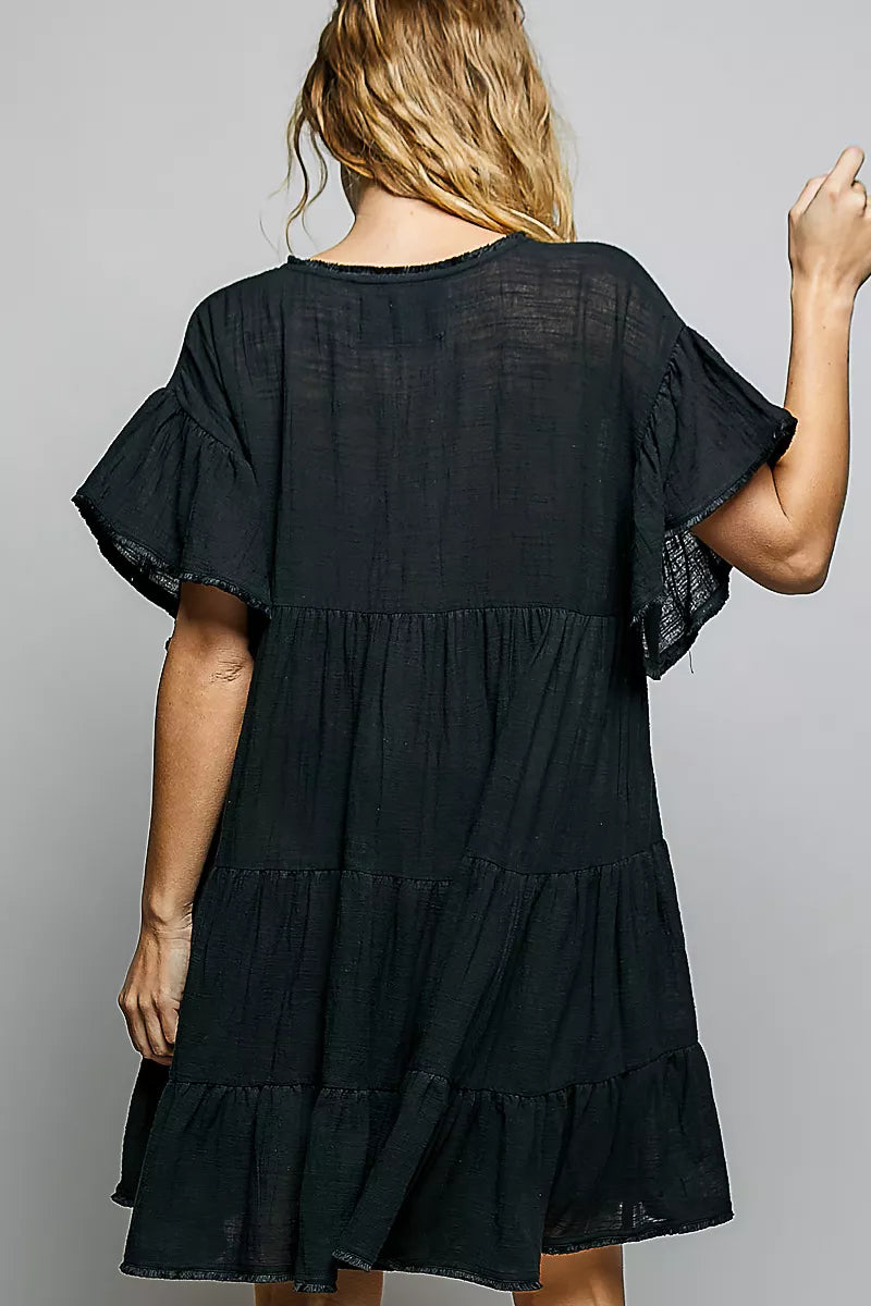 Ruffle Shirred V-Neck Short Sleeve Cotton Dress | Boutique In USA, Dresses, $ 57.00, A Moment Of Now™