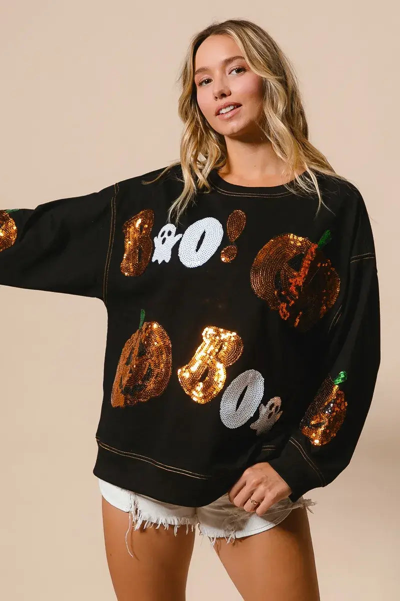 Black Halloween Sequin Embroidery Sweatshirt, Sweatshirts, $ 62.00, A Moment Of Now™