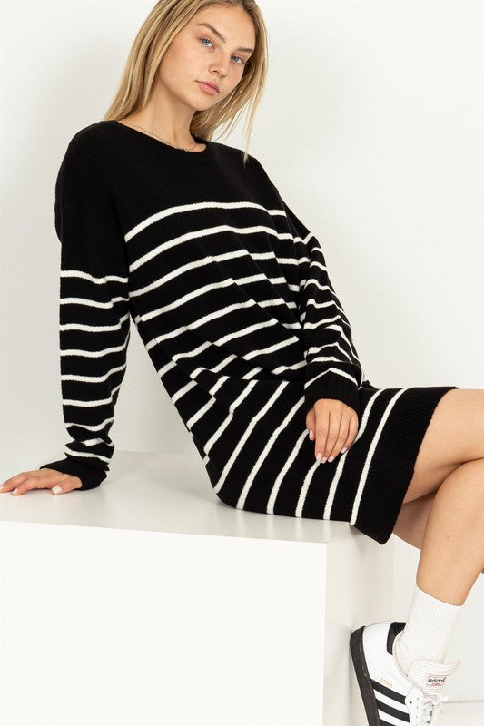 Shop Women's Black White Casually Chic Striped Sweater Dress, Sweater Dresses, USA Boutique