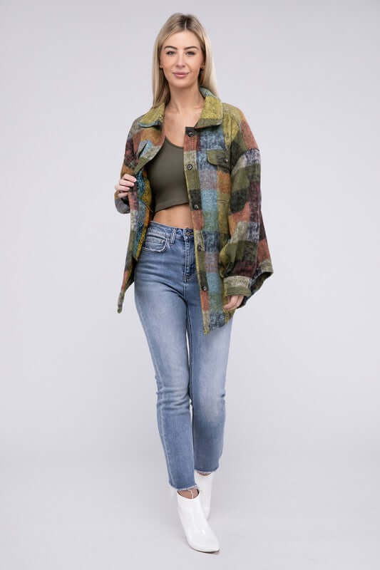 Loose Fit Buttoned Down Check Shirt Jacket Plaid Shacket