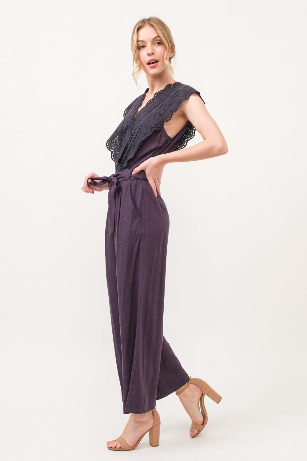 Lavander Luxe Lace Surplice Tie Waist Jumpsuit