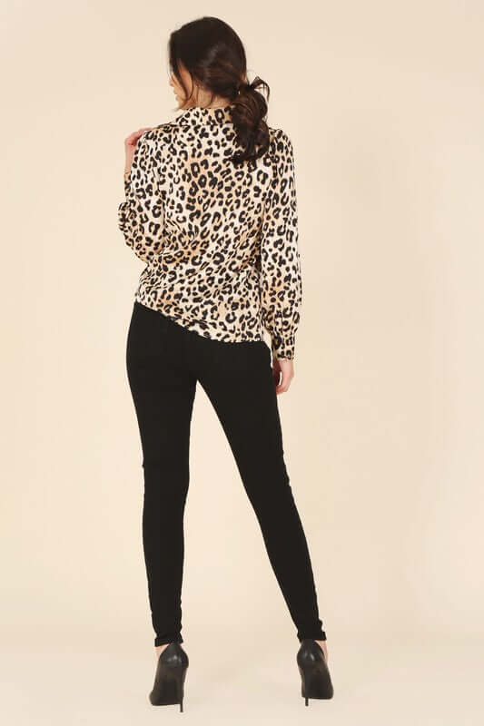 Brown Satin Leopard Long Sleeve Collared Blouse Shirt, Lilou, $ 29.95