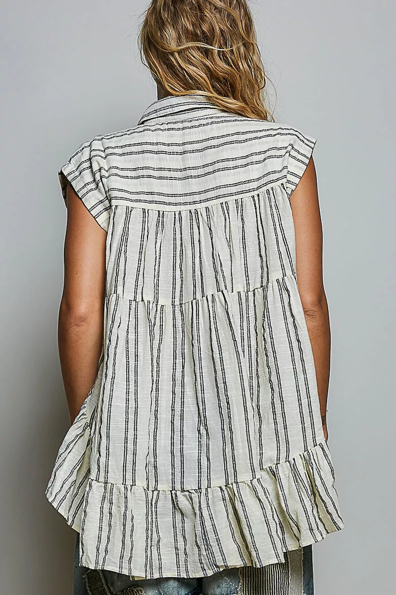 Striped Ruffle Collared Sleeveless Cotton Top | Boutique In USA, Blouses, $ 55.00, A Moment Of Now™