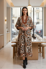 Brown Abstract Print Midi Dress