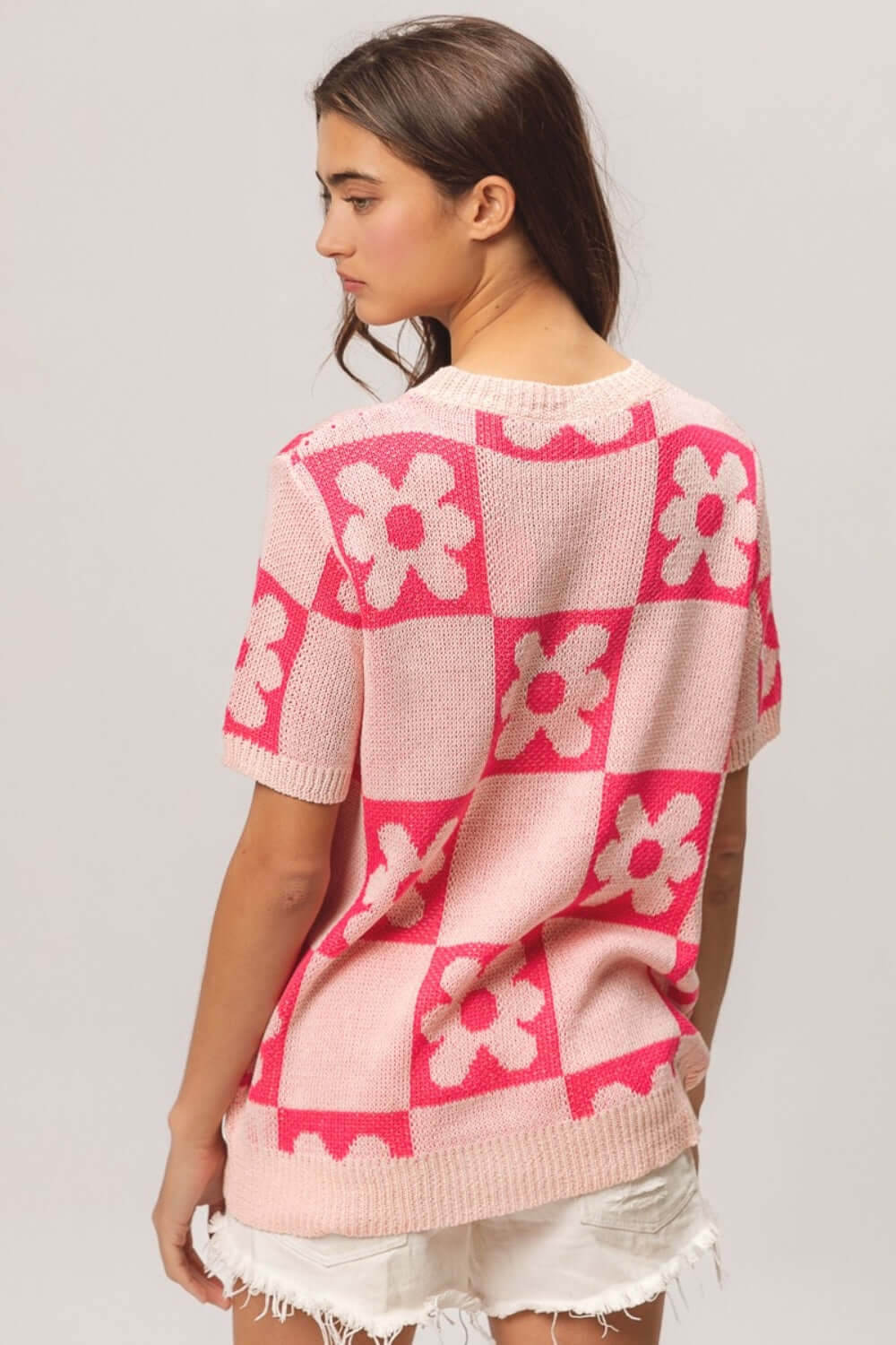 Pink Flower Checker Pattern Short Sleeve Sweater, BiBi, $ 45.00