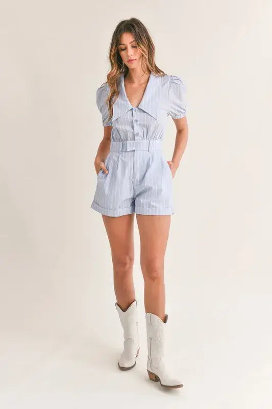 Light Blue Striped Puff Sleeve Collared Neck Romper - Chic Style, Rompers, $ 65.00, A Moment Of Now™