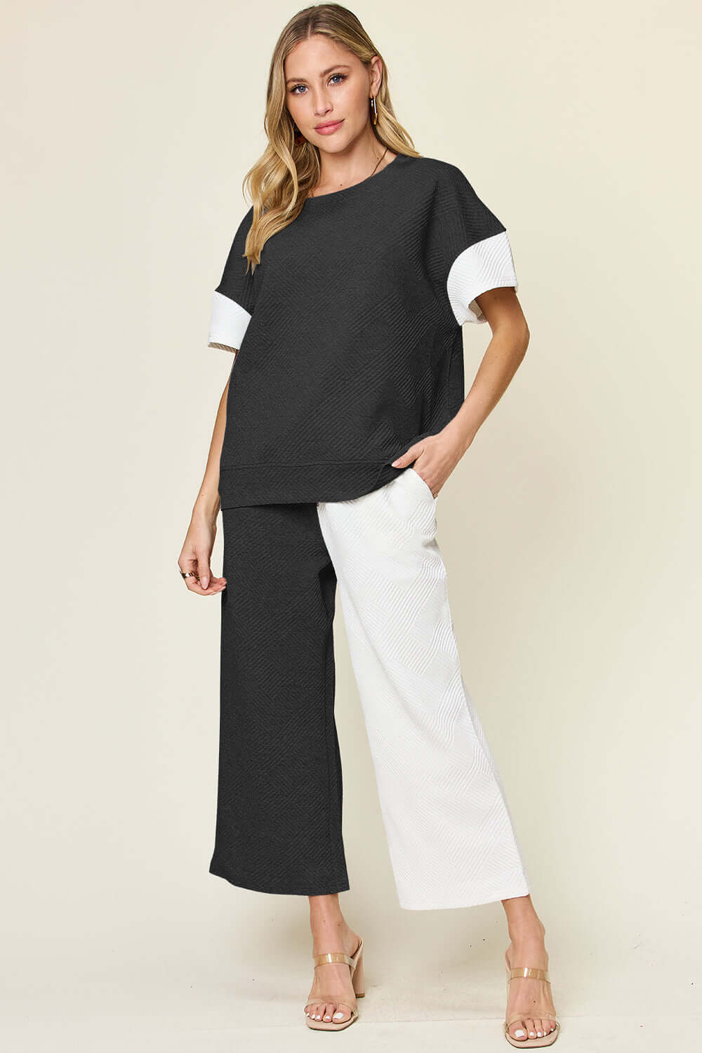 Short Sleeve Contrast T-Shirt and Wide Leg Pants Set, Double Take, $ 49.00