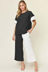 Short Sleeve Contrast T-Shirt and Wide Leg Pants Set, Double Take, A Moment Of Now