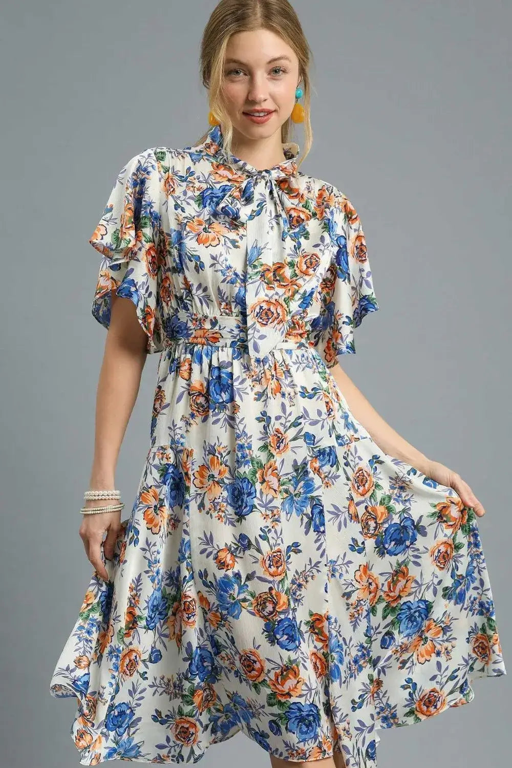 Royal Blue Floral Print Flutter Sleeve Dress - Chic Midi Style, Dresses, $ 65.00, A Moment Of Now™