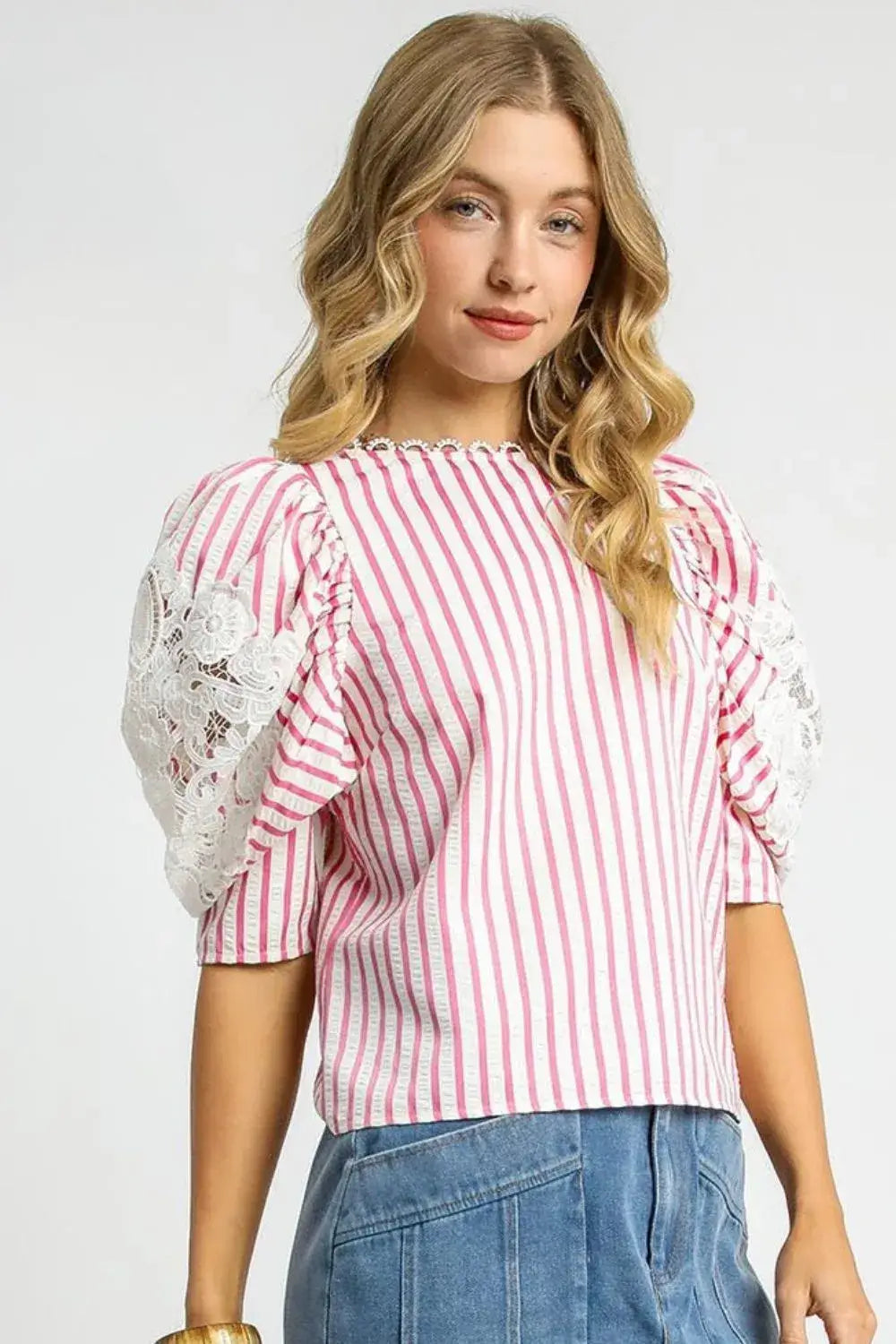 Pink Striped Lace Puff Sleeve Blouse - Chic & Comfy, Blouses, $ 55.00, A Moment Of Now™