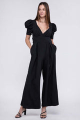 Black V Neck Short Puff Sleeve Jumpsuit