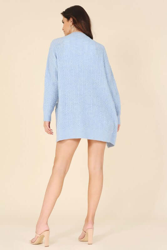 Light Blue Wool Blended Cable Knitted Cardigan