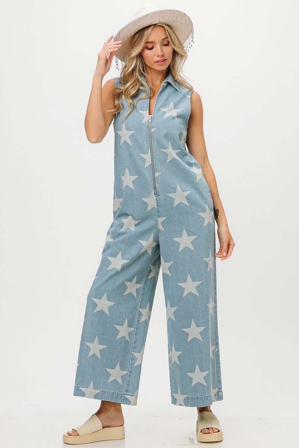 Blue Star Print Half Zip Sleeveless Denim Jumpsuit, BiBi, A Moment Of Now