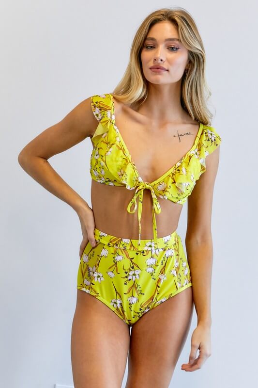 Yellow Floral Printed Swimwear 2 Pieces Set, Davi & Dani, $ 46.95