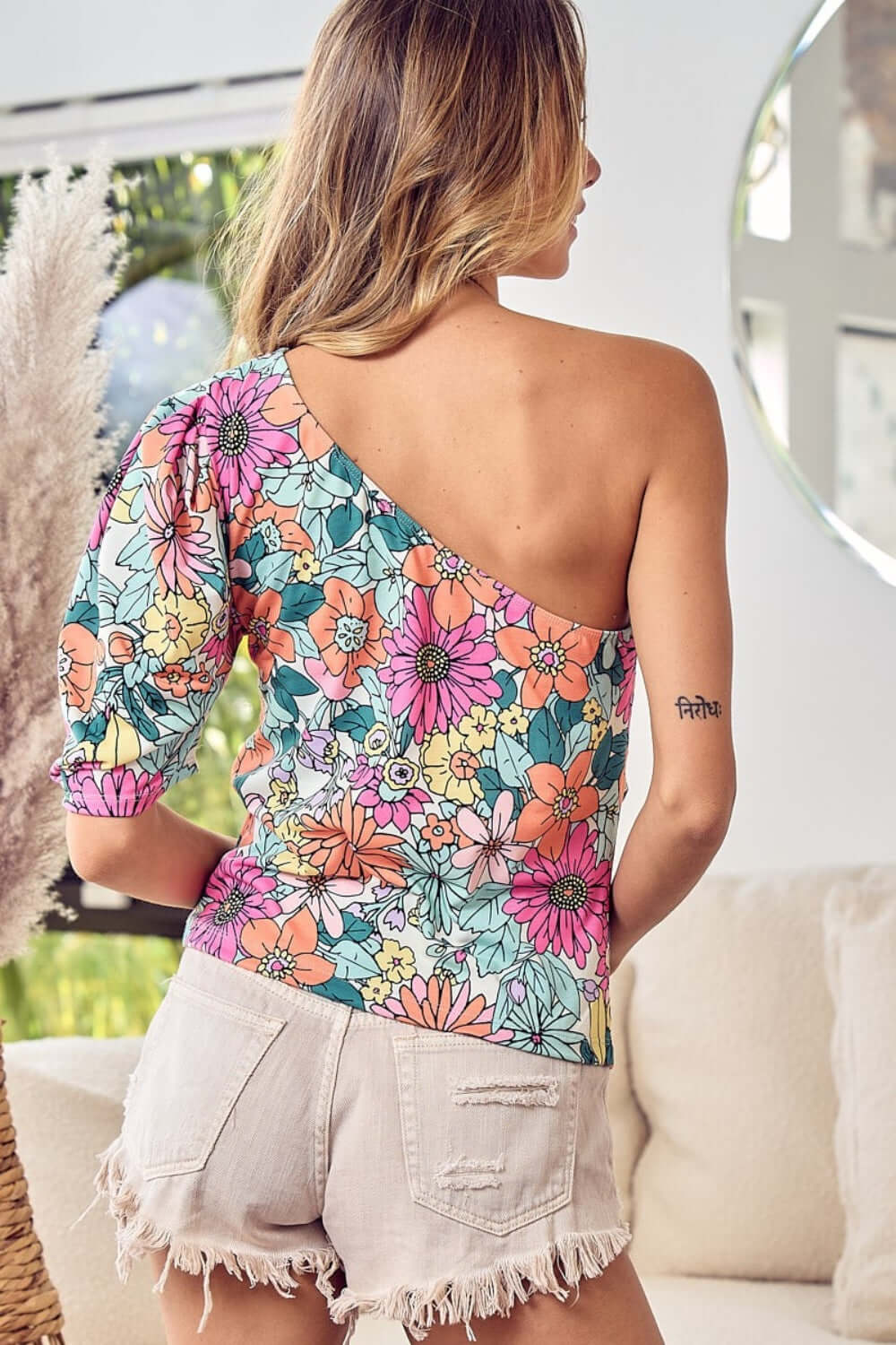 Colorful Floral Puff Sleeve One Shoulder Top, Tops, $ 35.00, A Moment Of Now™