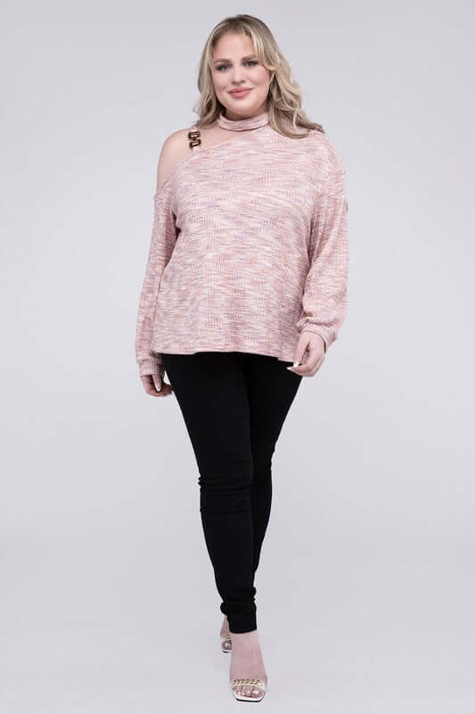 Plus Size Cute Pink Cold Shoulder Chain Decor Top