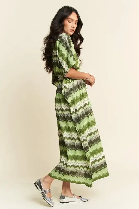 Sage Green Wavy Pattern Tie Waist Dress - Flowy Elegance, Dresses, $ 55.00, A Moment Of Now™