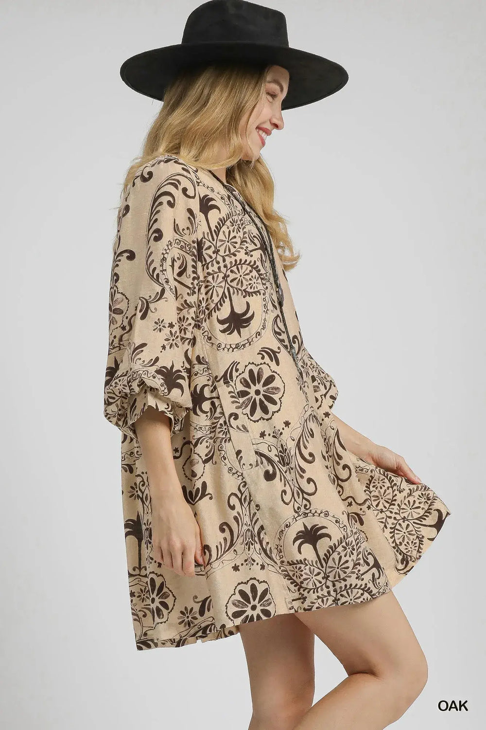 Oak Brown Boho Printed Balloon Sleeve Mini Dress, Dresses, $ 62.00, A Moment Of Now™