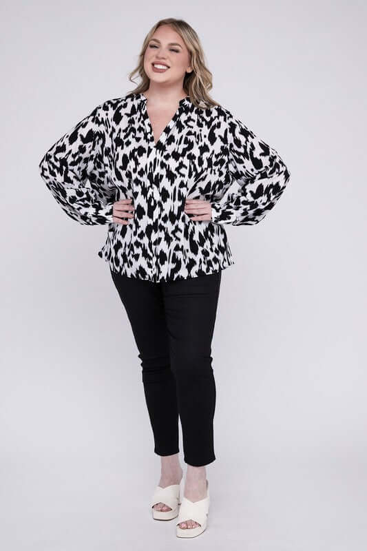 Plus Size Black & White Leopard Notched Neckline Blouse, Nuvi Apparel, $ 35.95