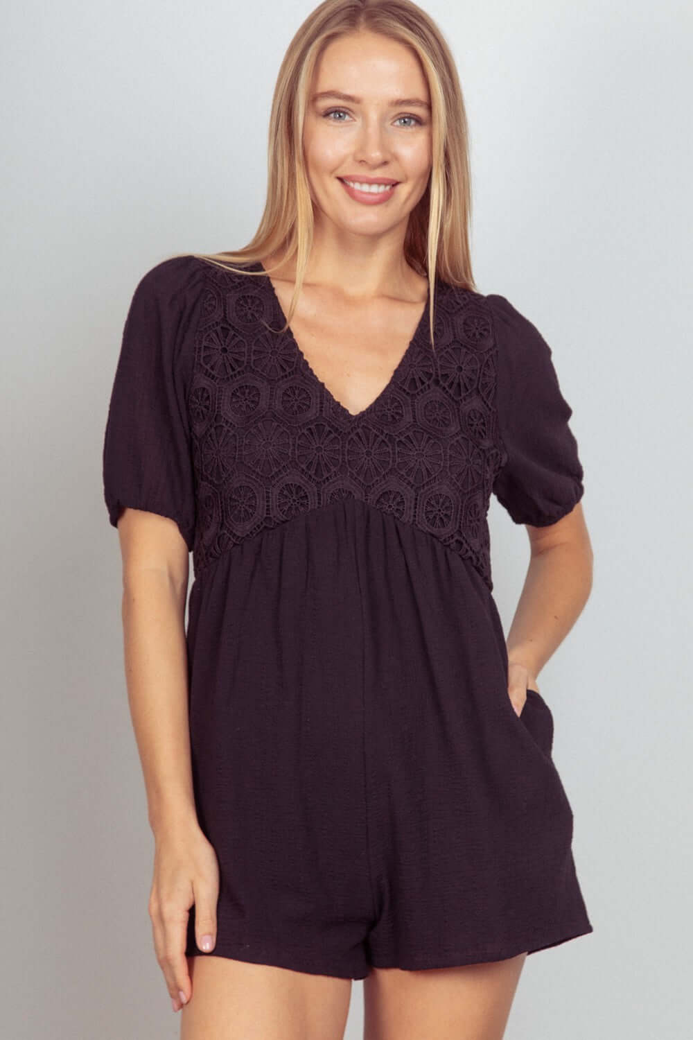 Black Lace Detail Puff Sleeve Romper with Pockets, VERY J, $ 45.00