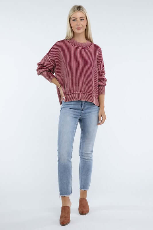 Washed Side Slit Oversized Cropped Sweater, ZENANA, $ 55.00