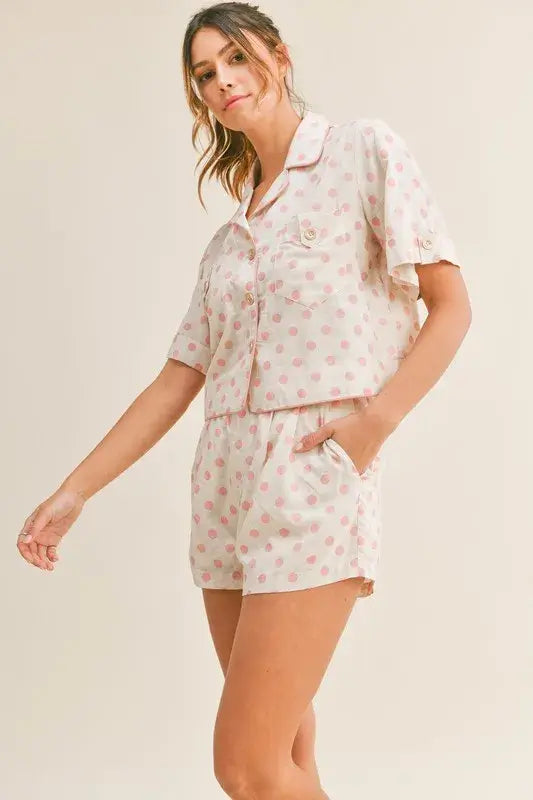 Chic Pink Polka Dot Collar Lounge Set, Sleepwear & Loungewear, $ 71.00, A Moment Of Now™