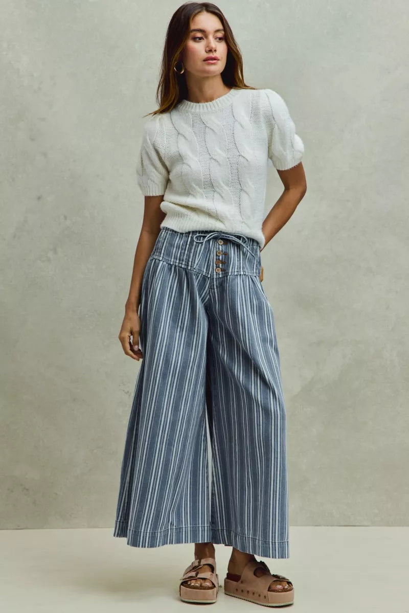 SO ME Mid Rise Stripe Denim Washed Pleat Wide Leg Pants, Pants, $ 69.00, A Moment Of Now™