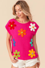 Fuchsia Flower Round Neck Cap Sleeve Knit Top, BiBi, A Moment Of Now