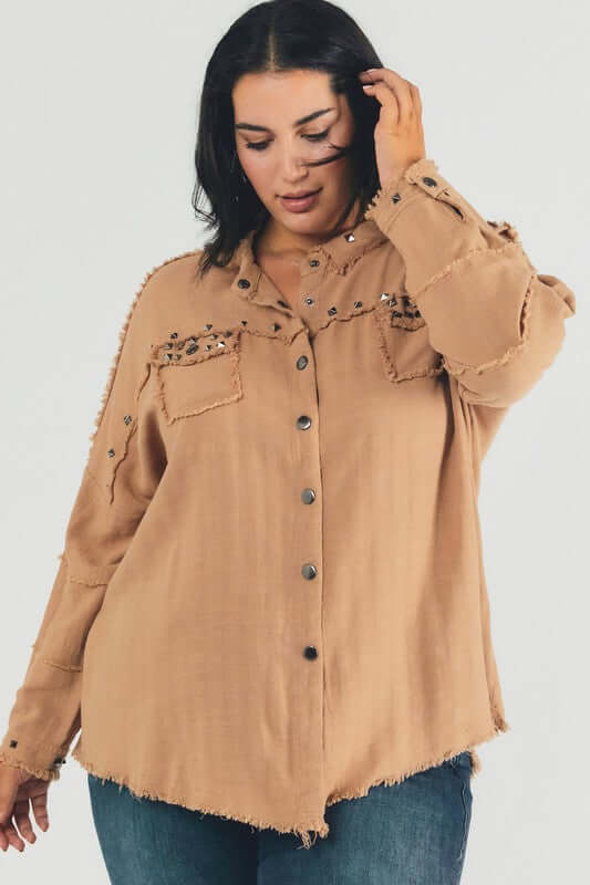 Plus Distressed hem button down oversize shirt, Davi & Dani, $ 69.00