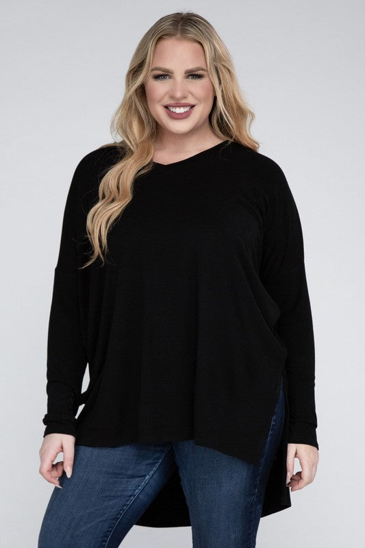 Shop Plus Size Dolman Sleeve V-Neck Side Slit Hi-Low Hem Top For Women, Tops, USA Boutique