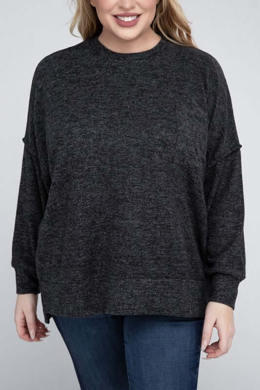 Plus Size Brushed Melange Drop Shoulder Sweater, ZENANA, $ 28.95