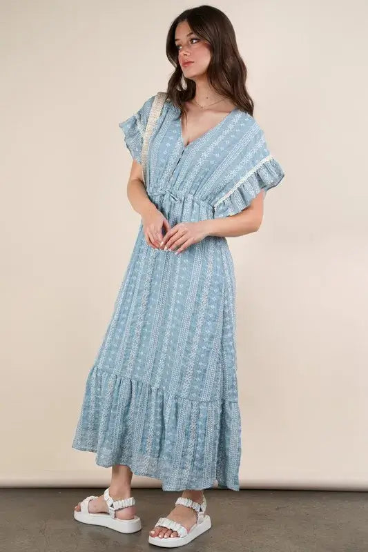 Blue Embroidered Boho Ruffled Midi Dress - Effortless Style, Dresses, $ 55.00, A Moment Of Now™