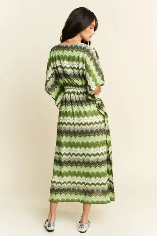 Sage Green Wavy Pattern Tie Waist Dress - Flowy Elegance, Dresses, $ 55.00, A Moment Of Now™