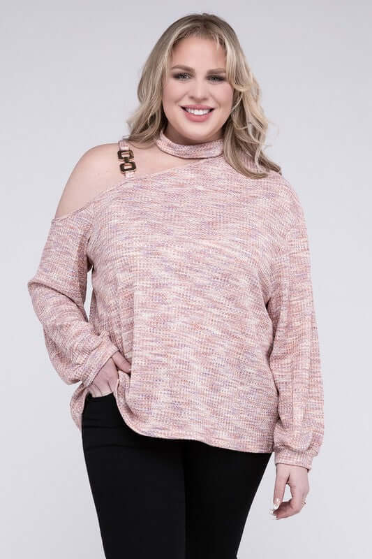 Plus Size Cute Pink Cold Shoulder Chain Decor Top