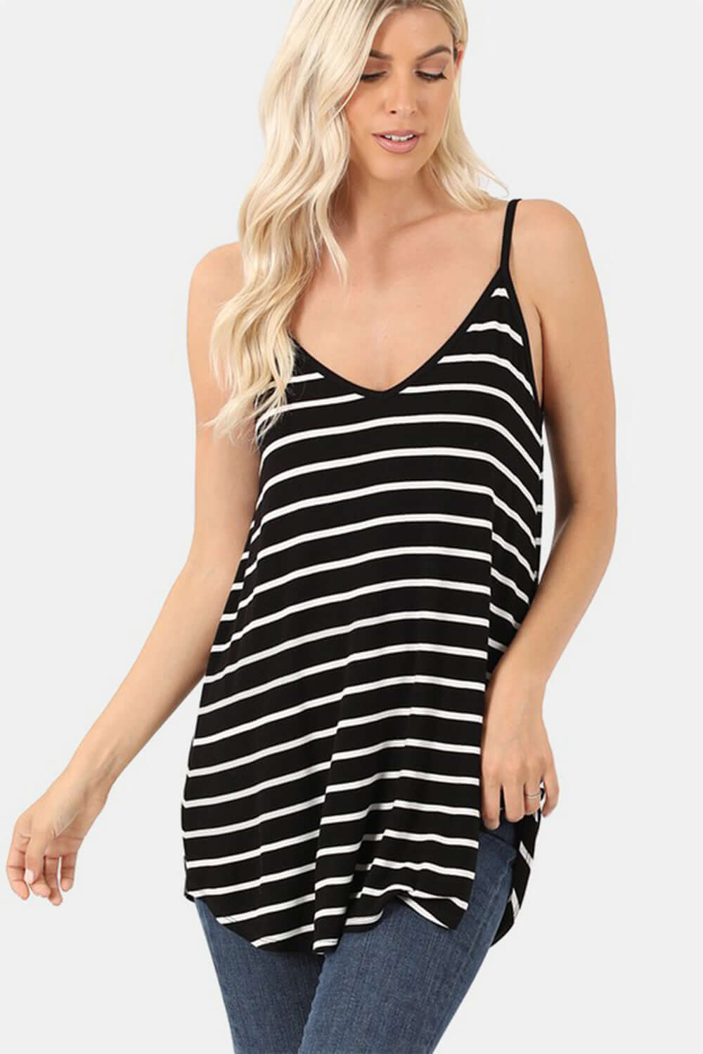 Black Ivory Striped V-Neck Curved Hem Cami, Zenana, $ 19.00