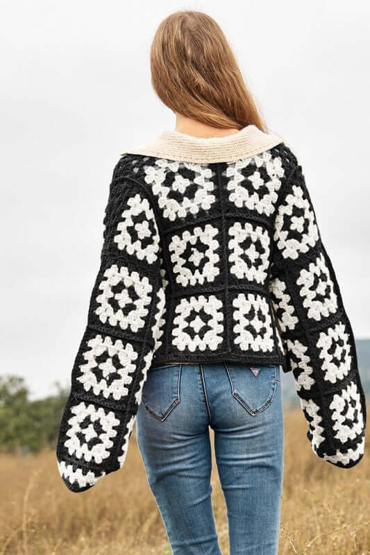 Floral Square Crochet Open Knit Cardigan