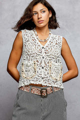 Off White Button-Down Cropped Crochet Vest with Scalloped Edge | POL, Vests, $ 50.00, A Moment Of Now™