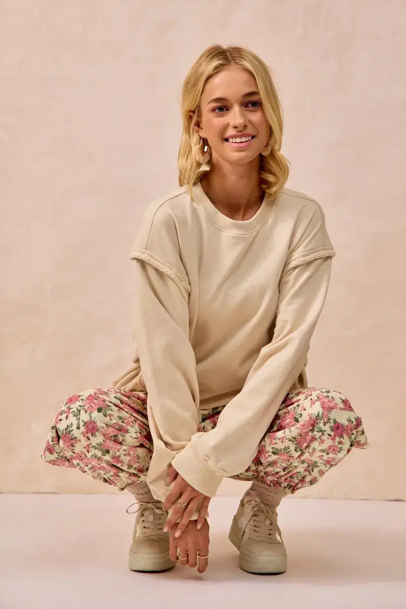 Cream Pink Floral Printed Twill Drawstring Pants | Online Boutique USA, Pants, $ 57.00, A Moment Of Now™