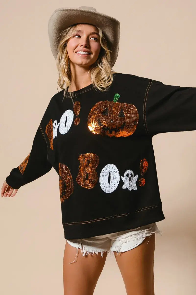 Black Halloween Sequin Embroidery Sweatshirt, Sweatshirts, $ 62.00, A Moment Of Now™